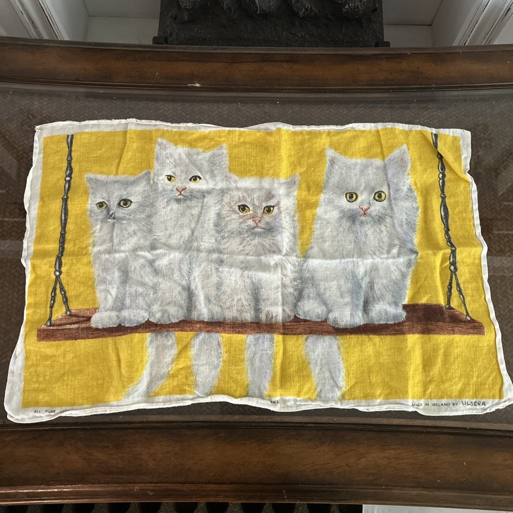 Ulster Ireland Irish Pure Linen Tea Towel VTG White Persian Cats On A Swing